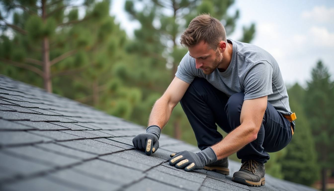 Roofer inspecting shingles up close on a Florence-area roof