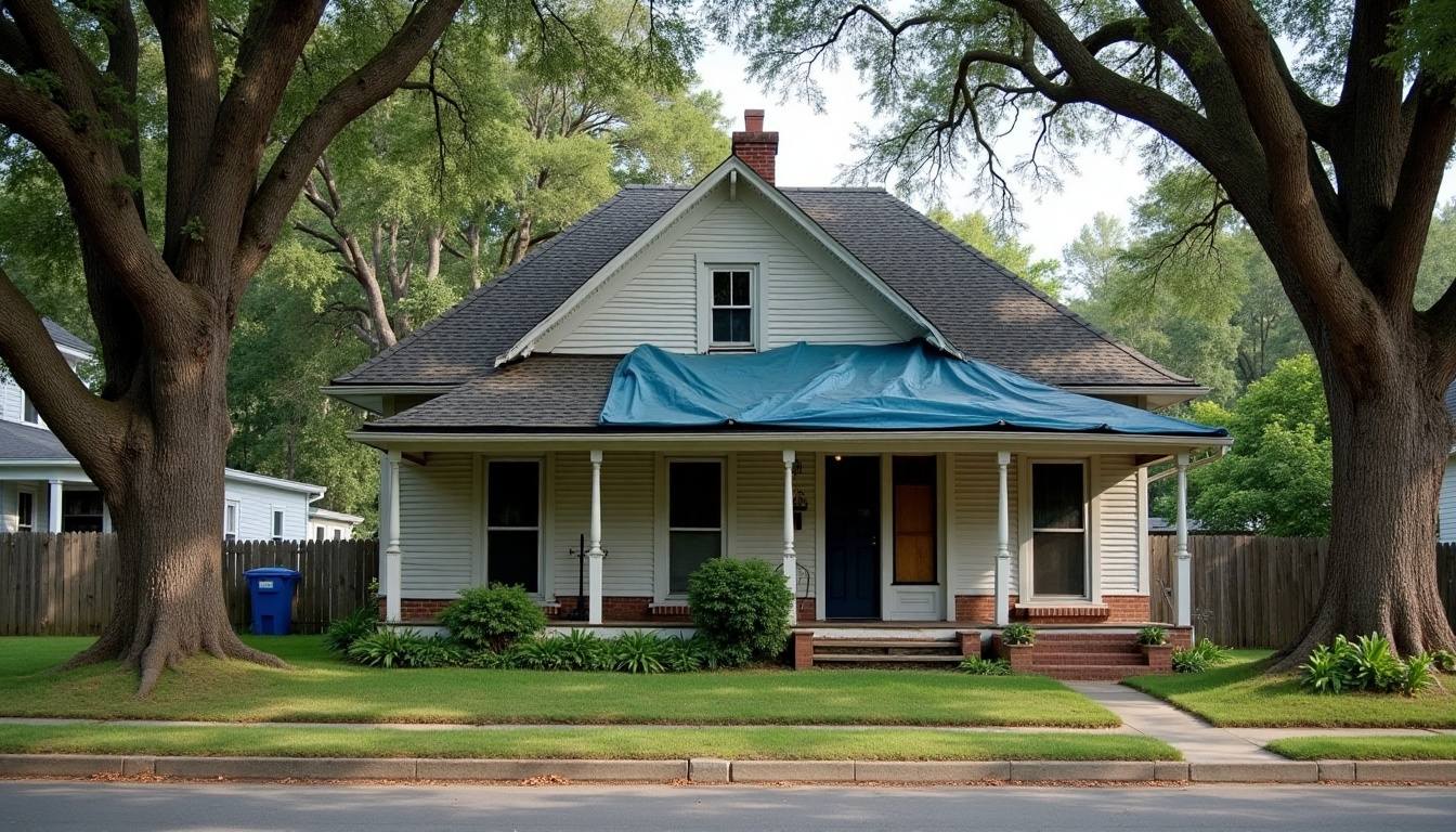 Historic home with a tarp on one roof slope in Lake City