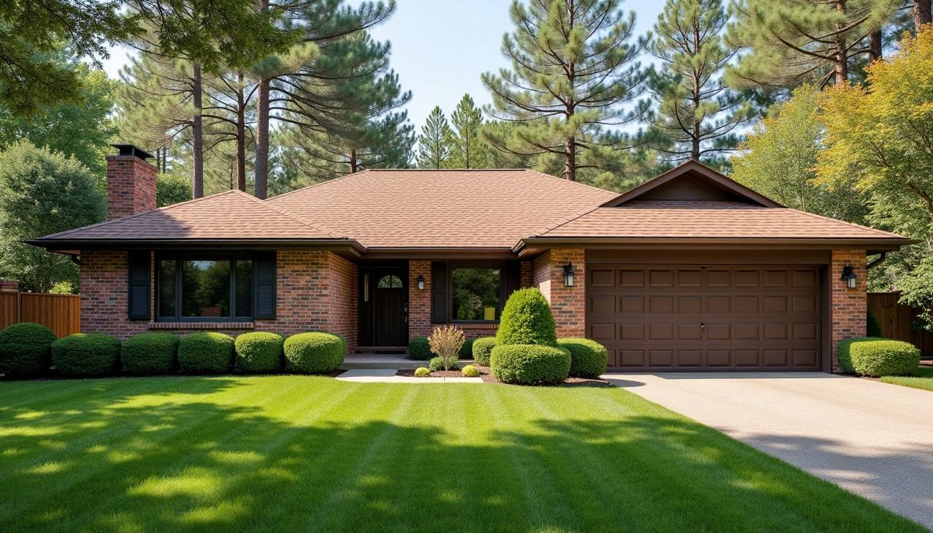 Suburban ranch home with tall pines behind it in Quinby