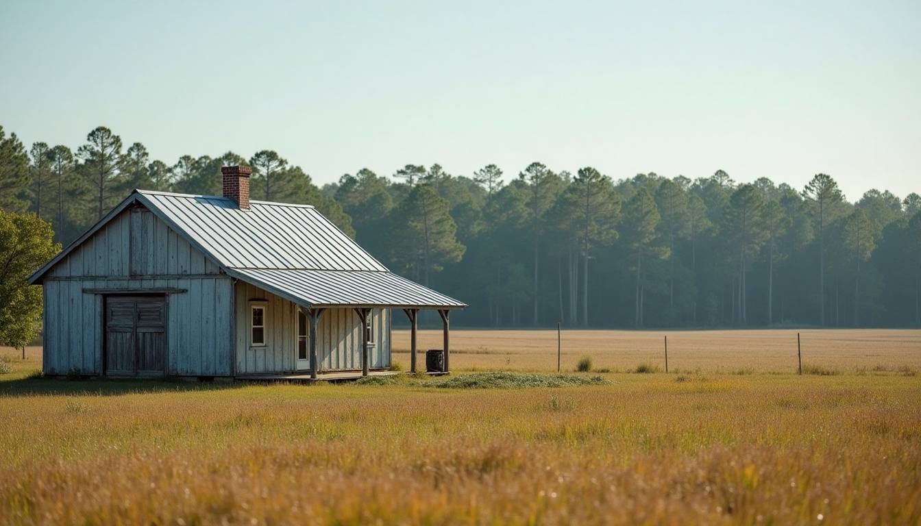 Farmhouse with a metal roof beside open fields near Timmonsville