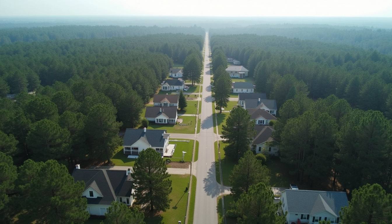 Aerial view of rooftops and pine forest in the Pee Dee