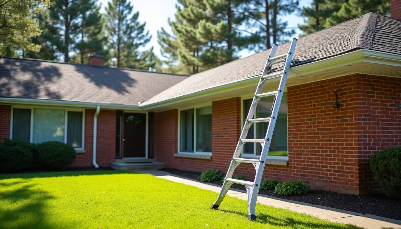 Ladder and shingle bundles beside a brick home ready for roof work