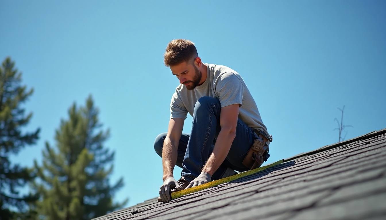 Roofer measuring a roof slope for a quote