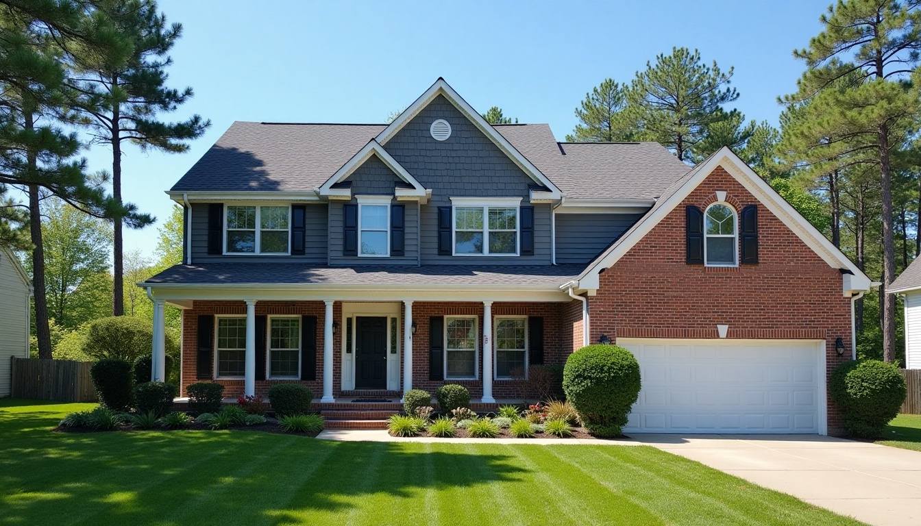 Finished roof replacement on a two-story brick home