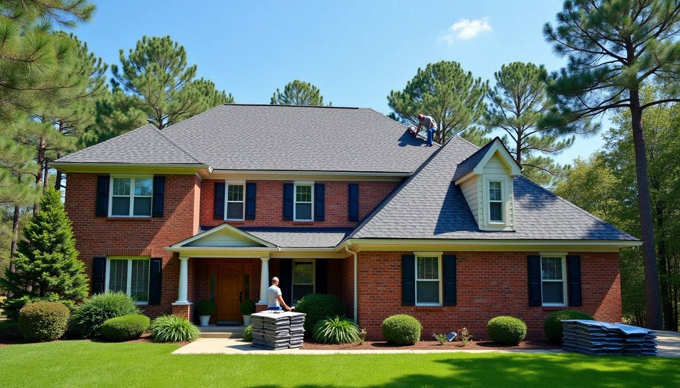 Roofer laying new architectural shingles on a two-story brick home